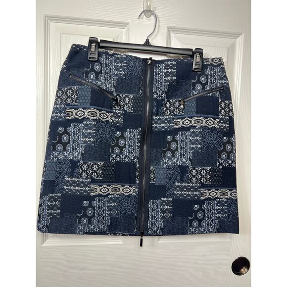 W By Worth Navy Blue Anf Black Patchwork Tapestry A Line Skirt Size 8 - Picture 3 of 10